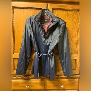 JLC Women’s Dark Navy Blue Polyurethane Coat Zip Up Collared Size Med Waist Tie